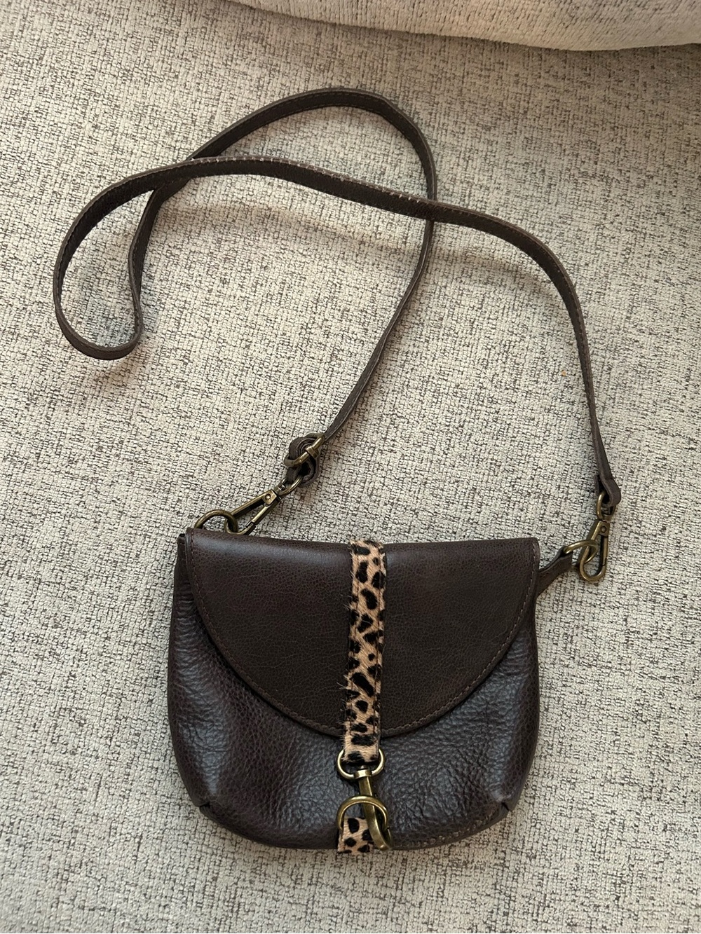 Sundance Odyssey Brown Italian Leather Belt Crossbody Bag Leopard Strip